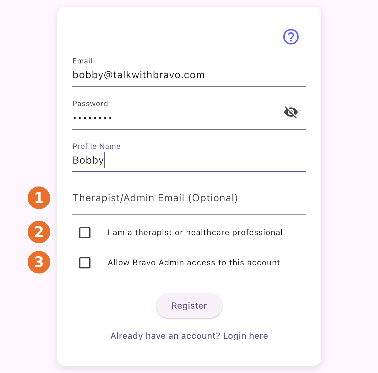 Bravo register screen with email, password, profile name, therapist email and two checkboxes, numbered 1 to 3