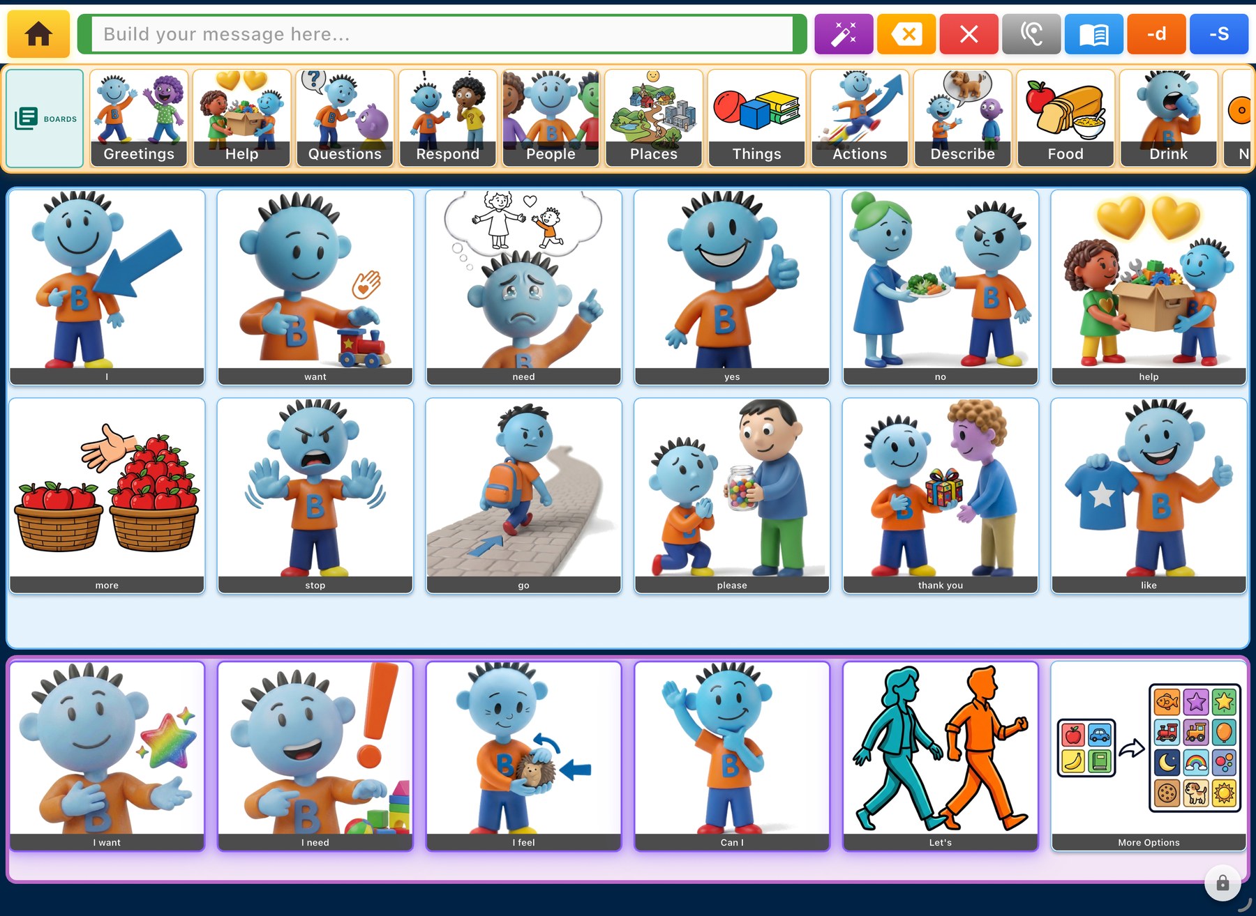 Tap interface: a grid of mascot picture buttons with a message bar and category tabs