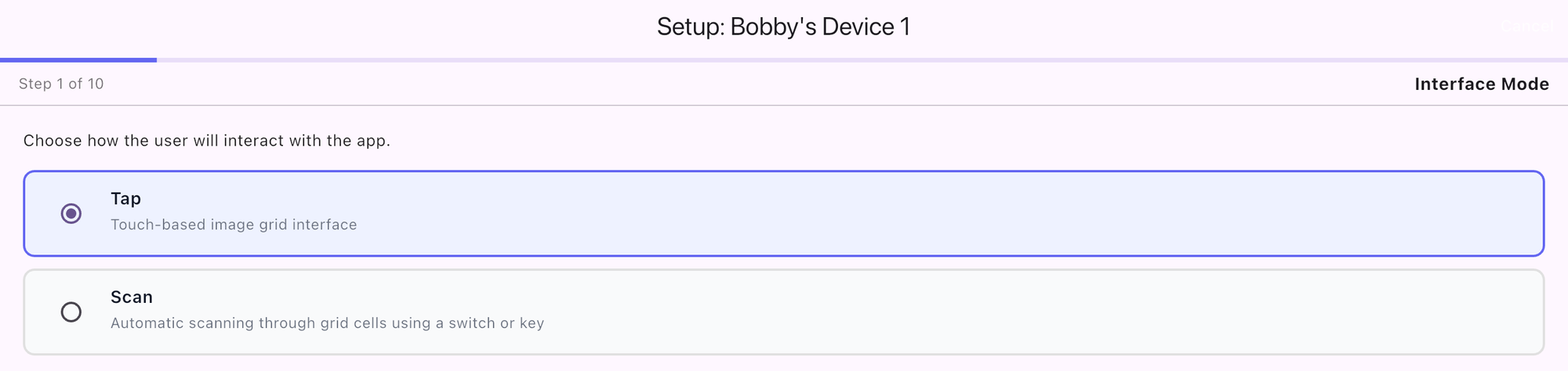 Interface Mode step with Tap and Scan options