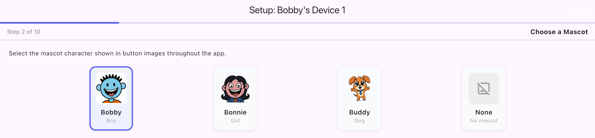 Choose a Mascot step with Bobby the boy, Bonnie the girl, Buddy the dog, and None