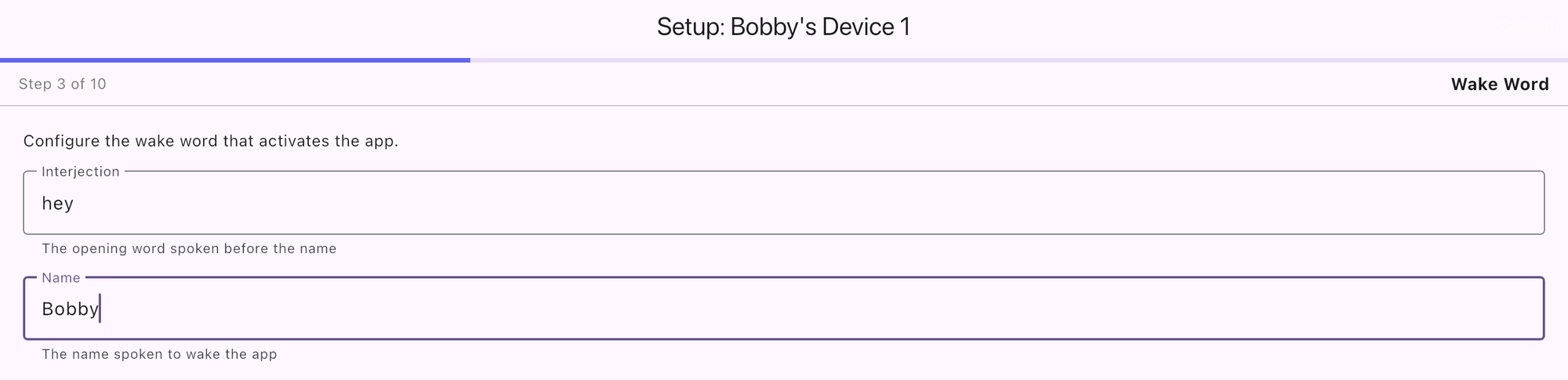Wake Word step with interjection hey and name Bobby