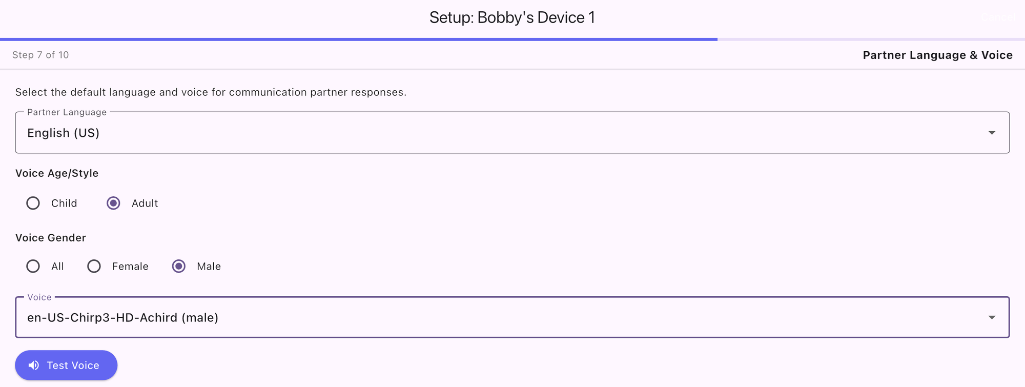 Partner Language and Voice step: English, adult, male, with a Test Voice button