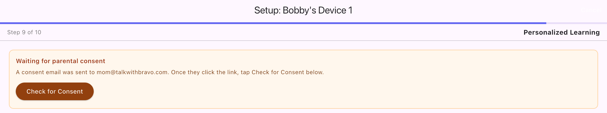 Waiting for parental consent panel with a Check for Consent button