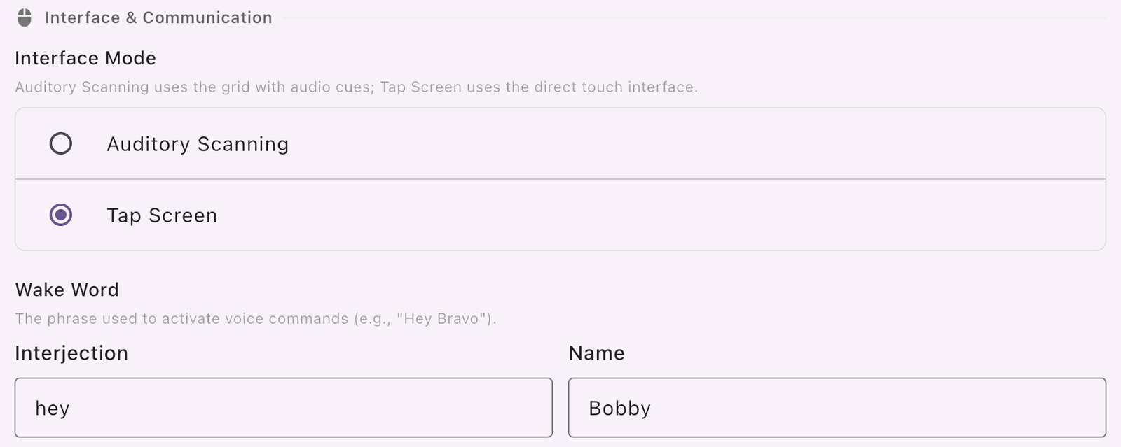 Interface Mode and Wake Word settings