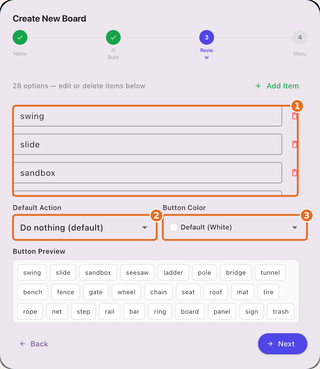 Review step with numbered callouts