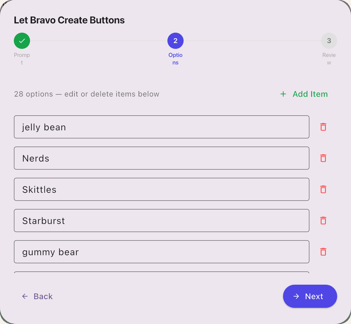 Options: edit or delete items