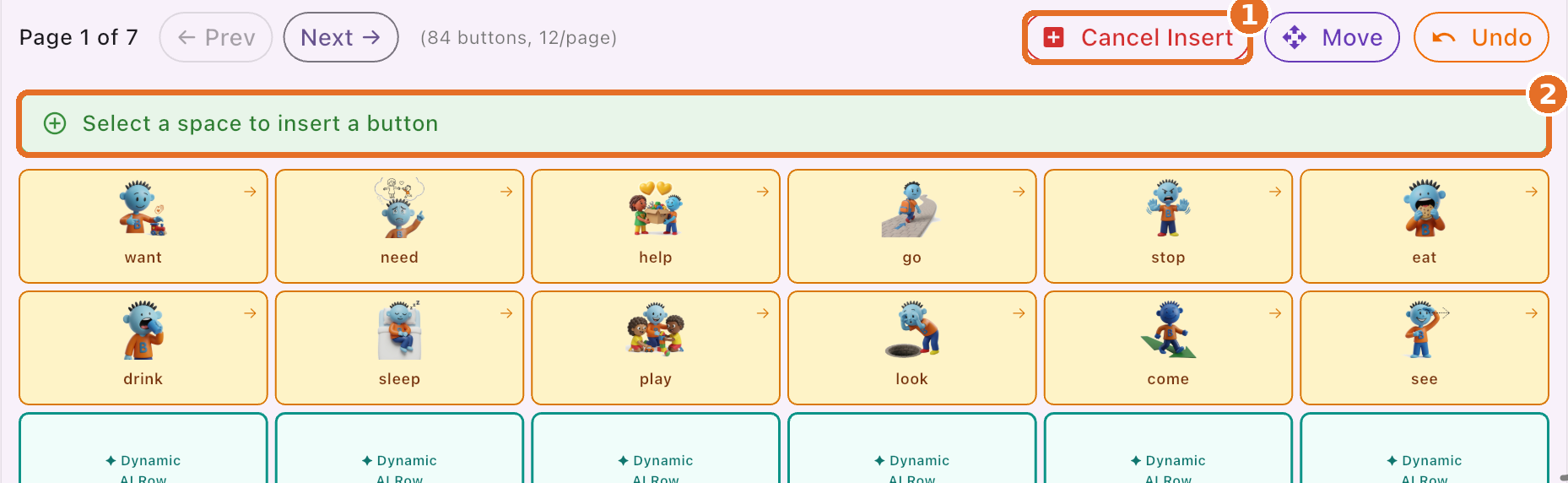 Insert mode: select a space to insert a button