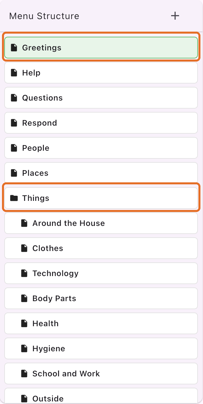 Menu Structure list with Greetings and Things highlighted