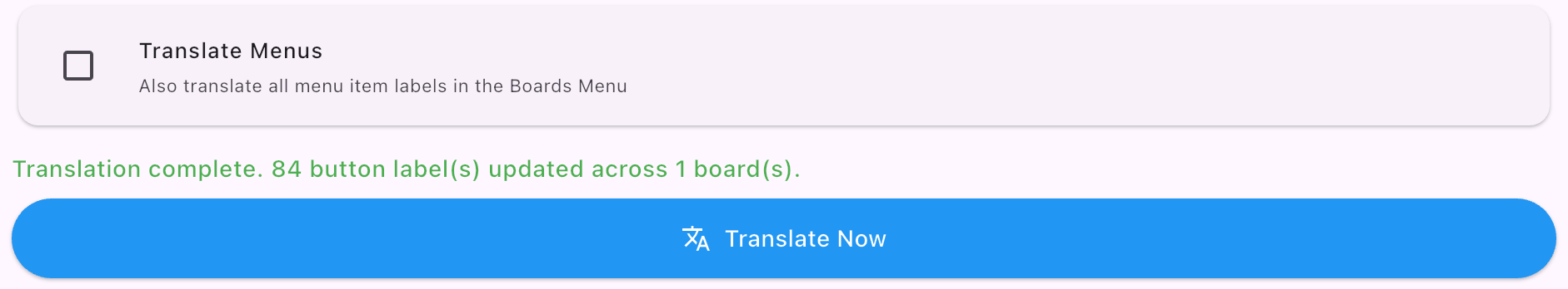 Translation complete: 84 button labels updated across 1 board