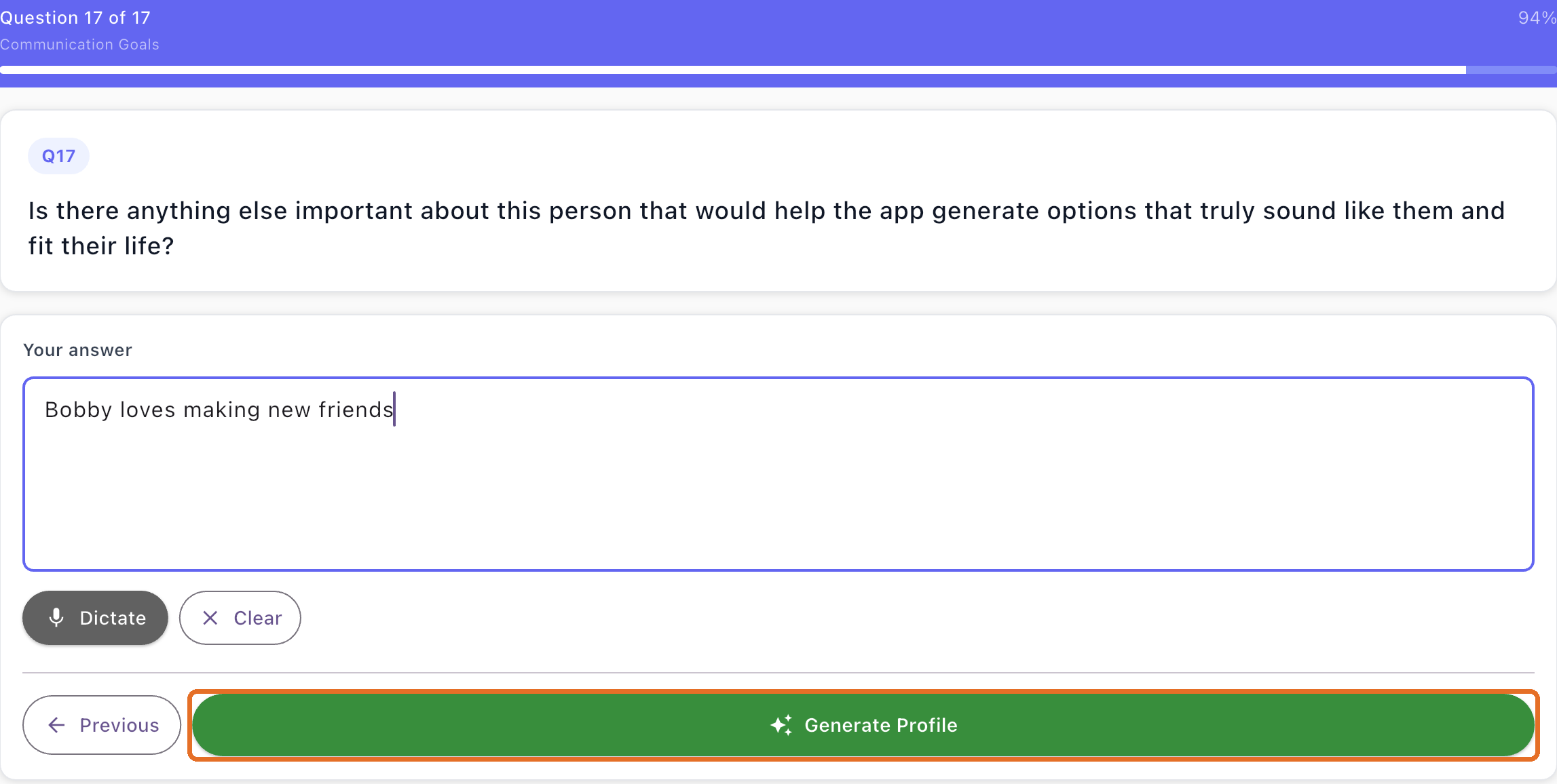 Last question with the Generate Profile button highlighted