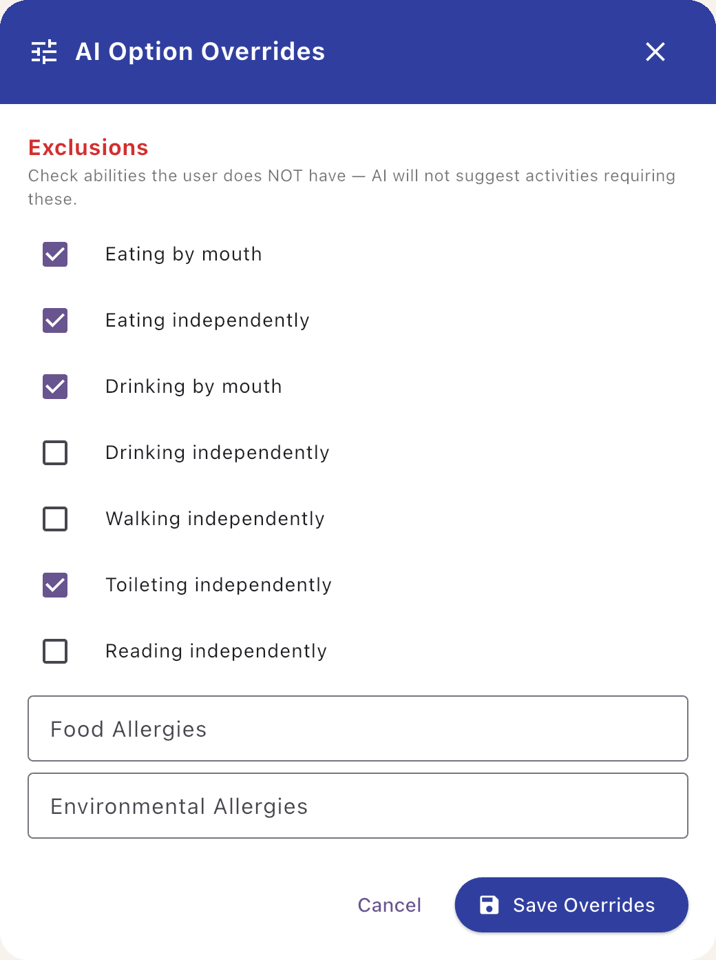 AI Option Overrides with exclusions checked