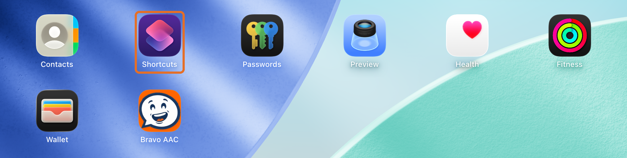 iPad home screen with the Shortcuts app highlighted