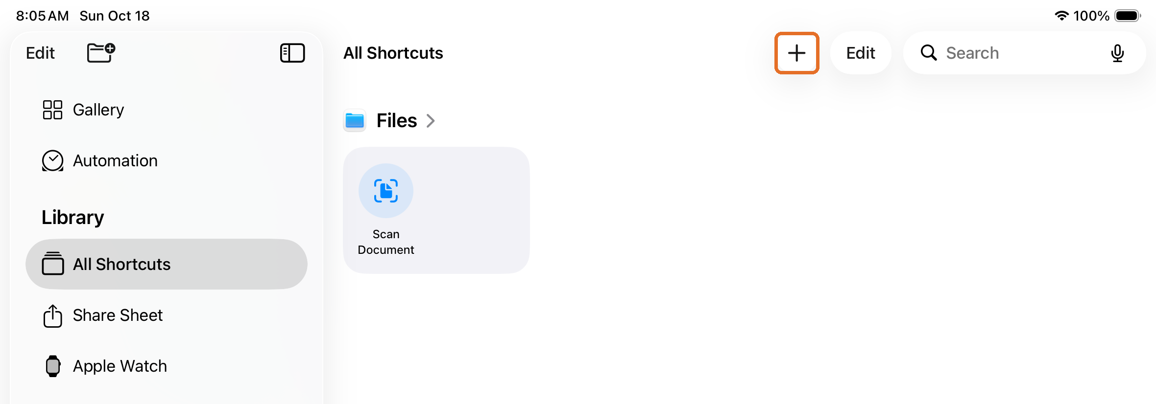 Shortcuts library with the plus button highlighted