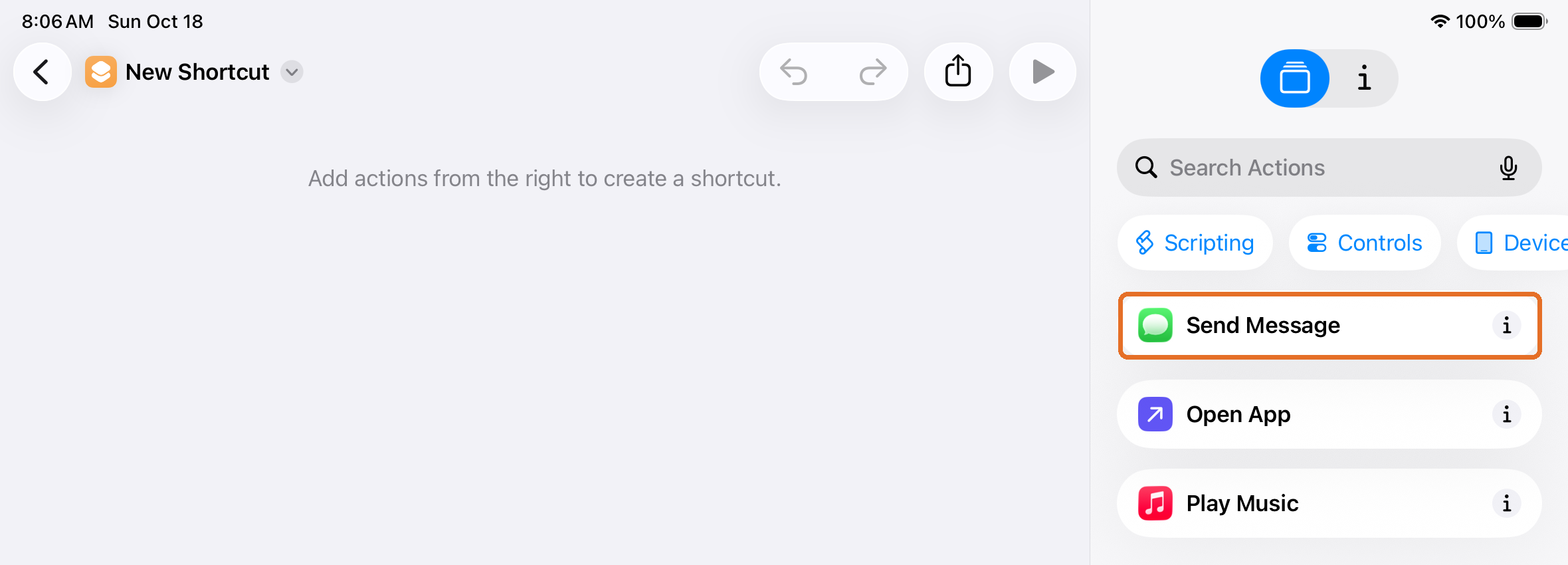 New shortcut with Send Message highlighted in the actions list
