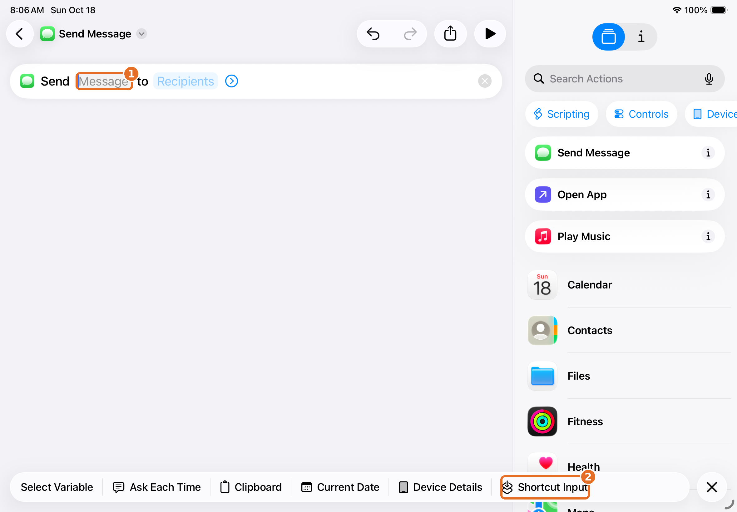 Send Message step with the Message field and Shortcut Input highlighted