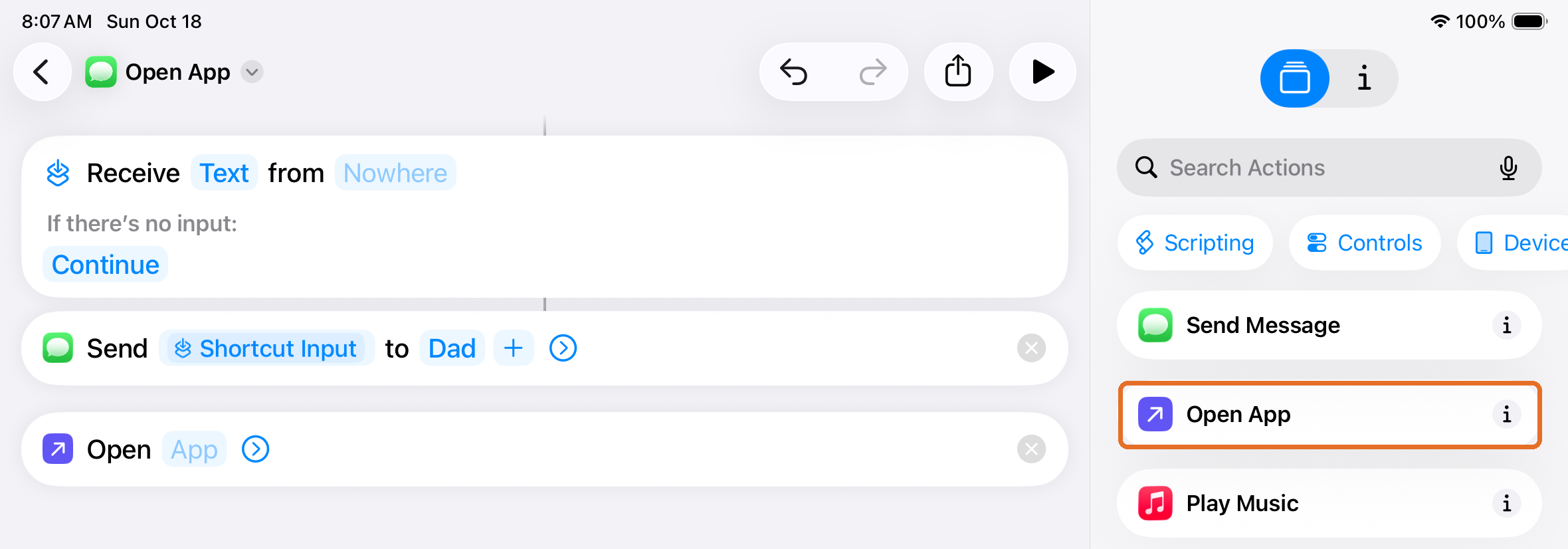 Open App action highlighted
