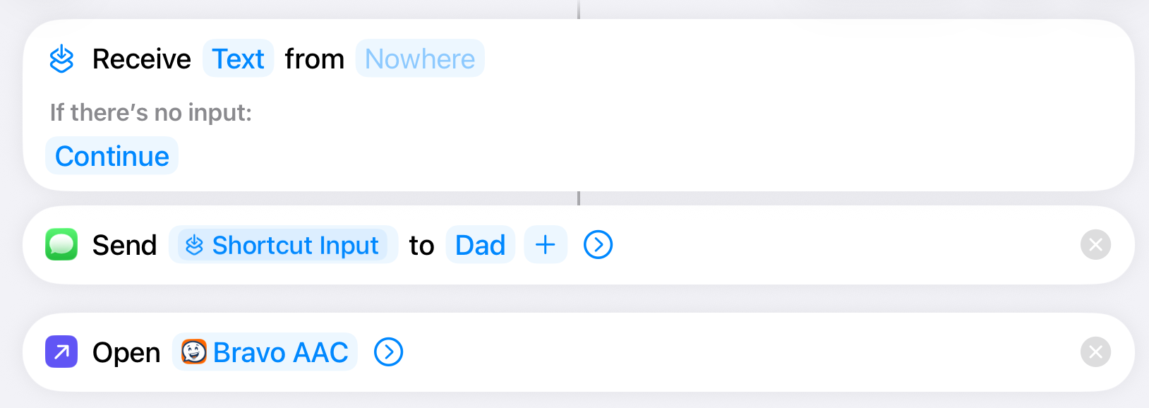 Finished shortcut: Receive Text, Send to Dad, Open Bravo AAC