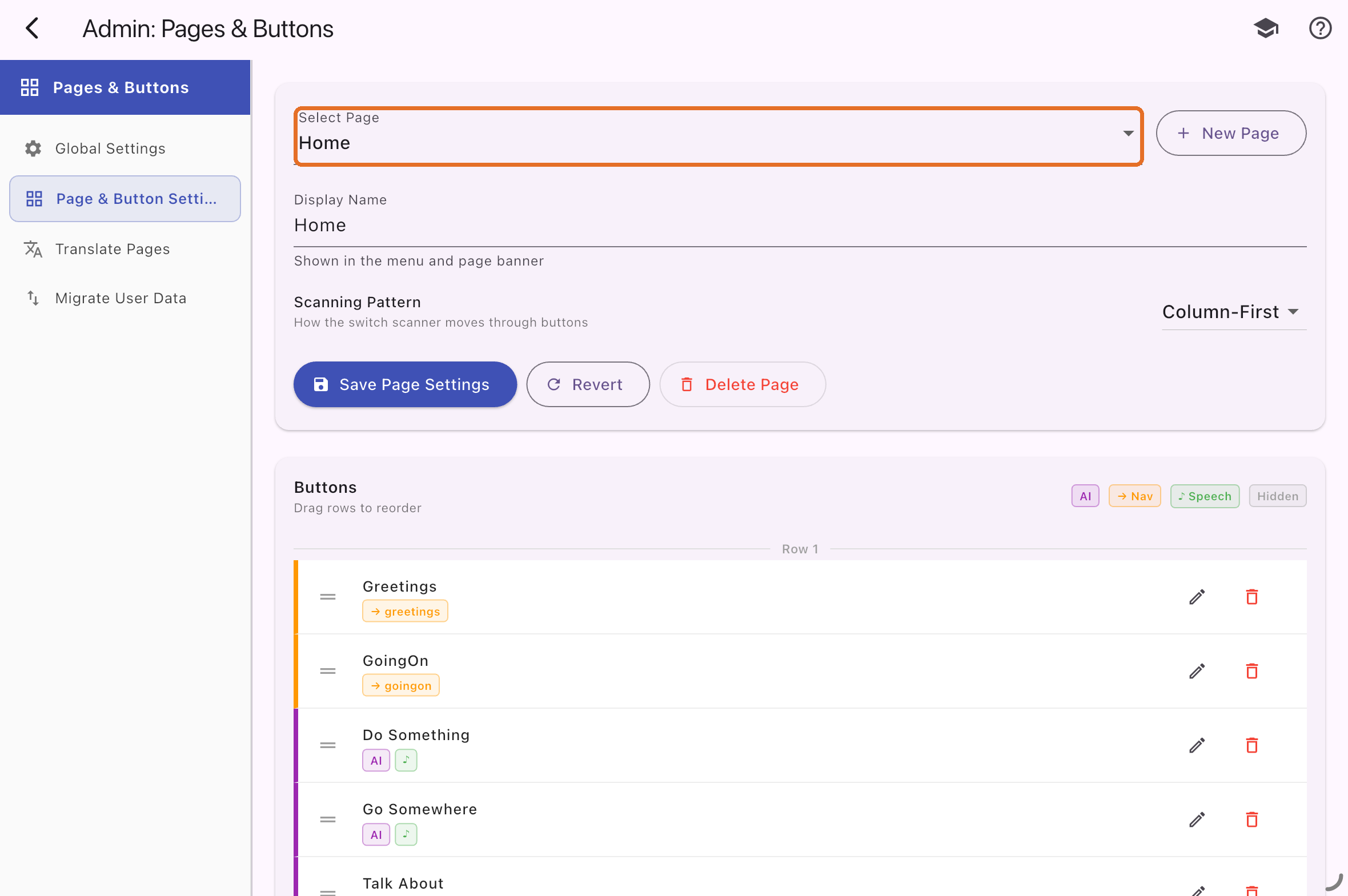 Pages and Buttons with Select Page highlighted