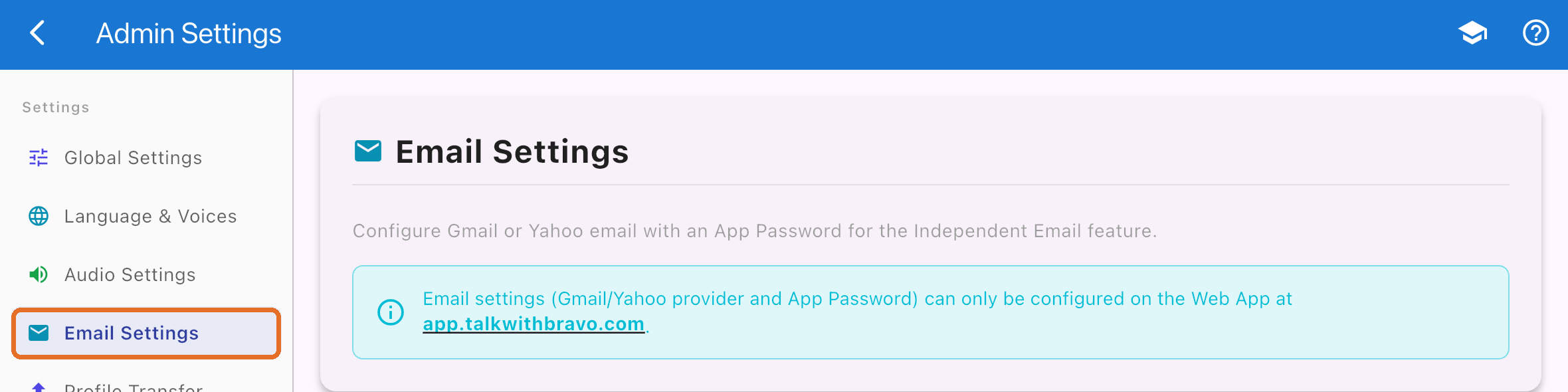 Admin Settings: Email Settings can only be configured on the Web App