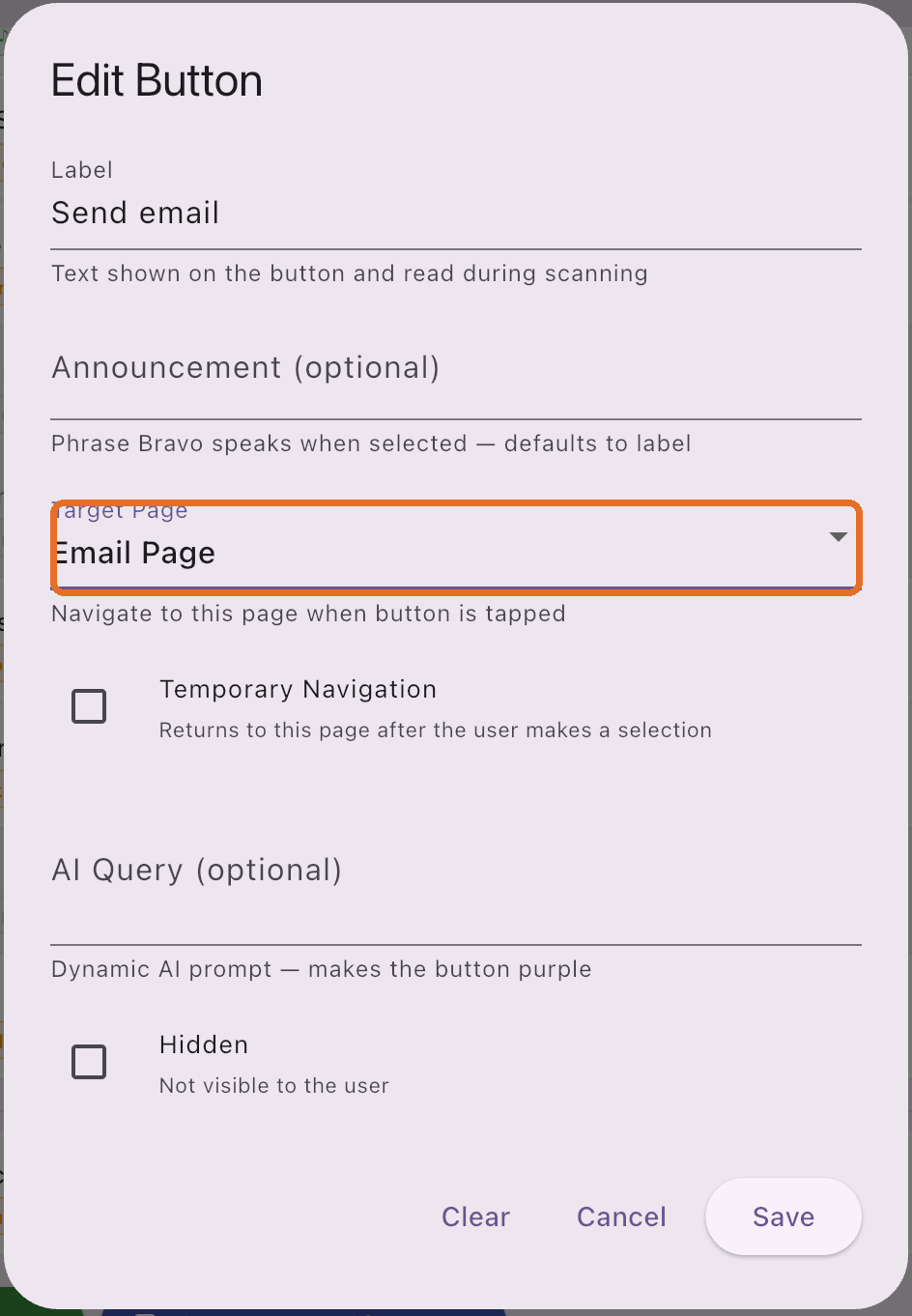 Edit Button with Target Page set to Email Page